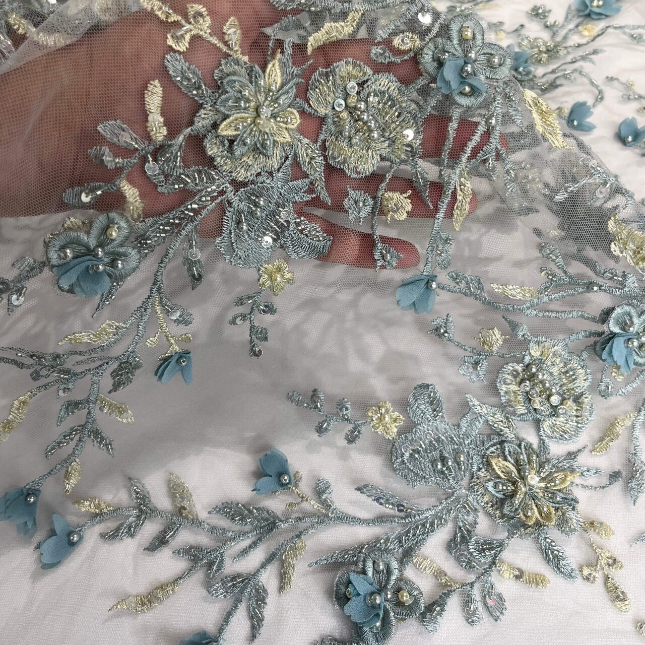 Beaded 3D Floral Lace Fabric with Rhinestones 51" Wide Embroidered Bridal & Evening Dress Lace
